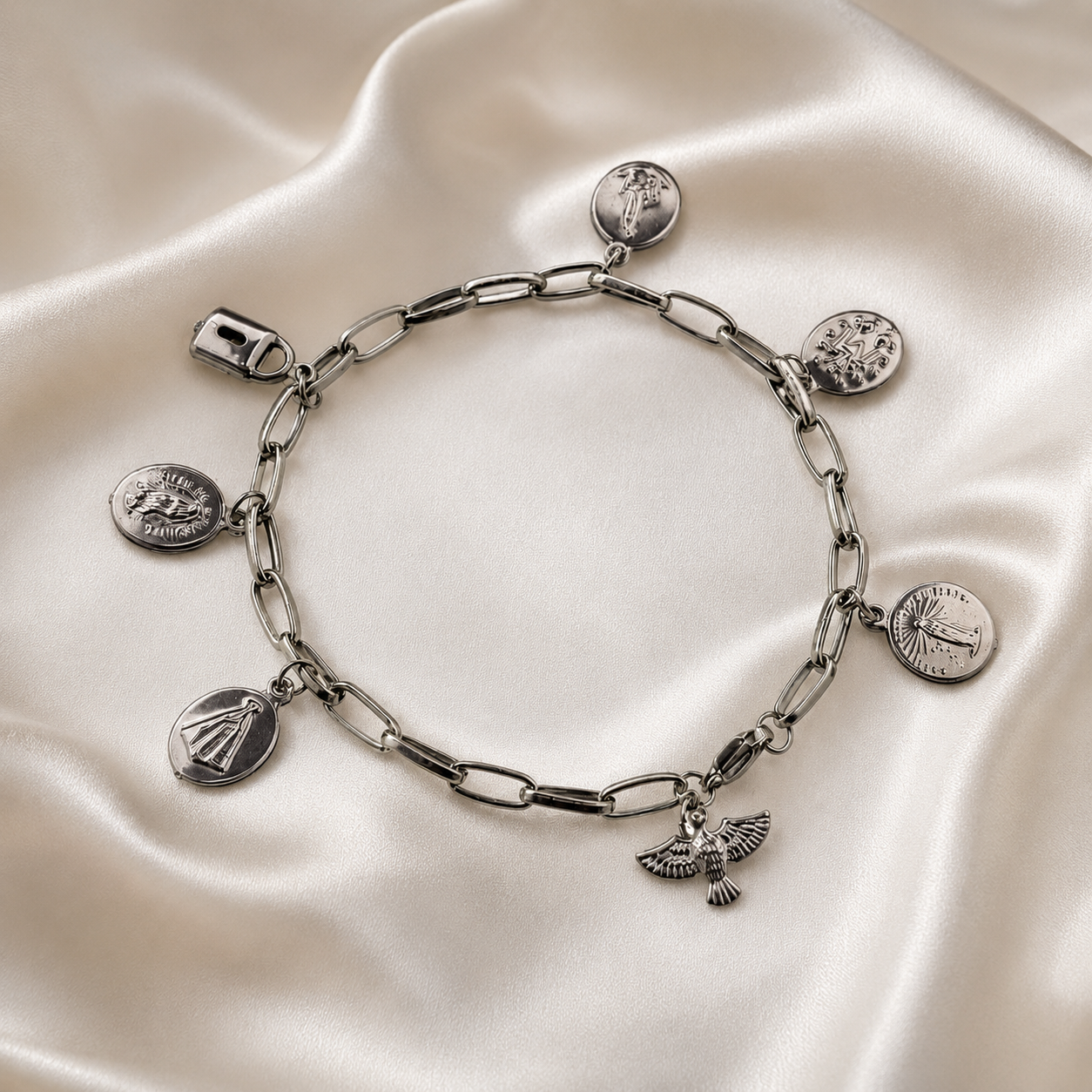 Pulseira Cadeia Consagração em Aço Inox – 5 Devoções com Cadeado