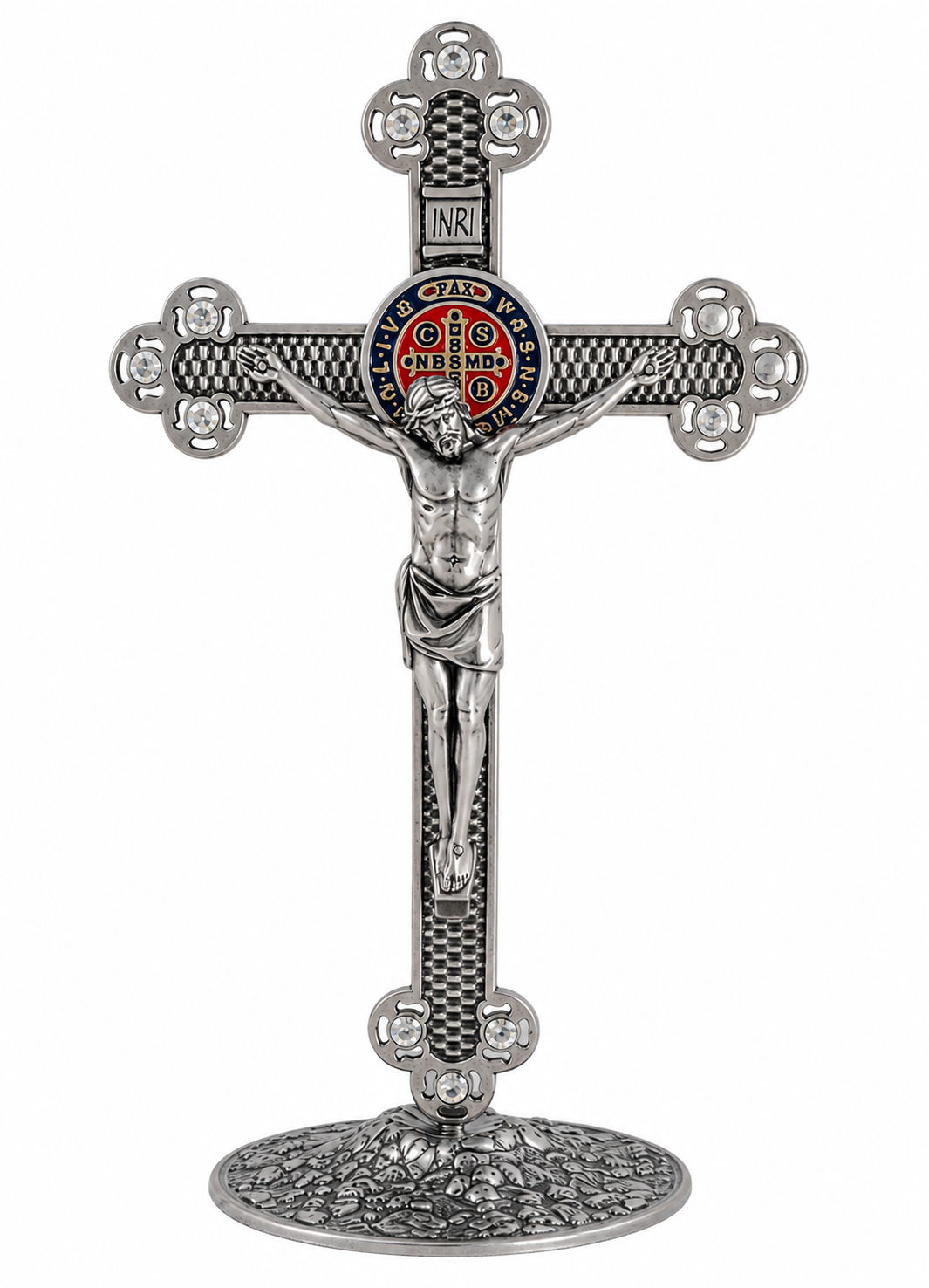 Saint Benedict Table Crucifix with Medal and Rhinestones - Gold or Silver