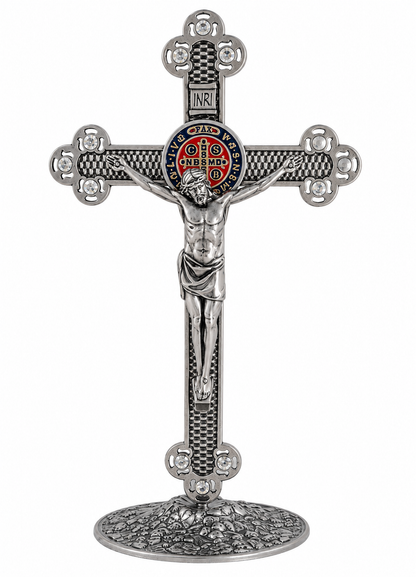 Saint Benedict Table Crucifix with Medal and Rhinestones - Gold or Silver