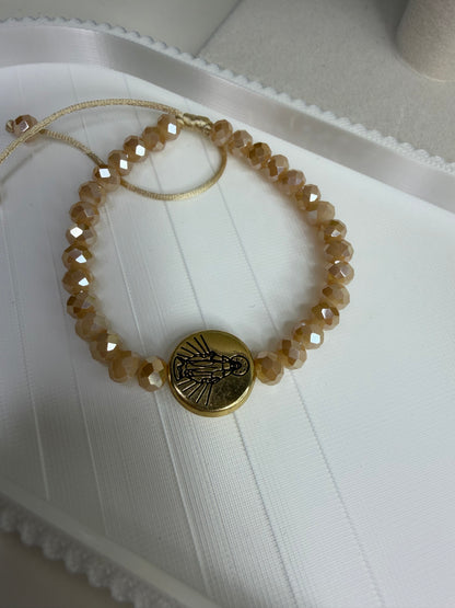 Pulsera Ajustable Nuestra Señora de la Medalla Milagrosa en Cristales Beige