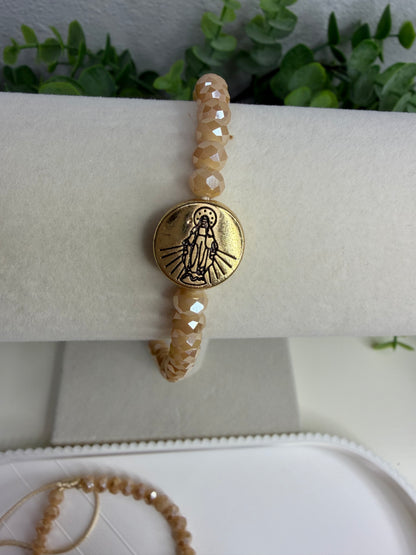 Pulsera Ajustable Nuestra Señora de la Medalla Milagrosa en Cristales Beige