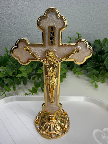 Tabletop Crucifix – Living Presence of Faith and Hope (Gold with Pearlescent Detail)