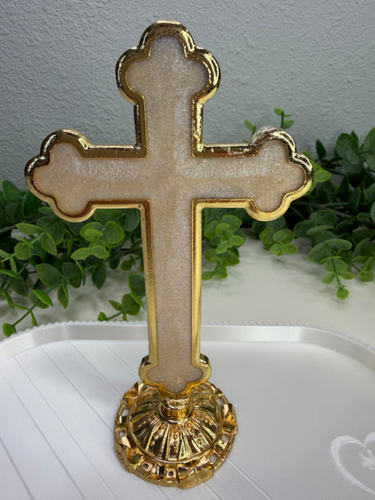 Tabletop Crucifix – Living Presence of Faith and Hope (Gold with Pearlescent Detail)