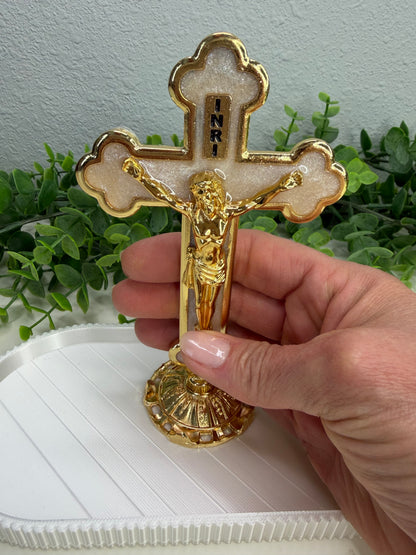 Tabletop Crucifix – Living Presence of Faith and Hope (Gold with Pearlescent Detail)