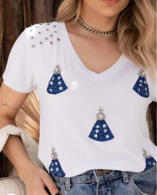Camiseta Nossa Senhora Aparecida Mini Bordada à mão
