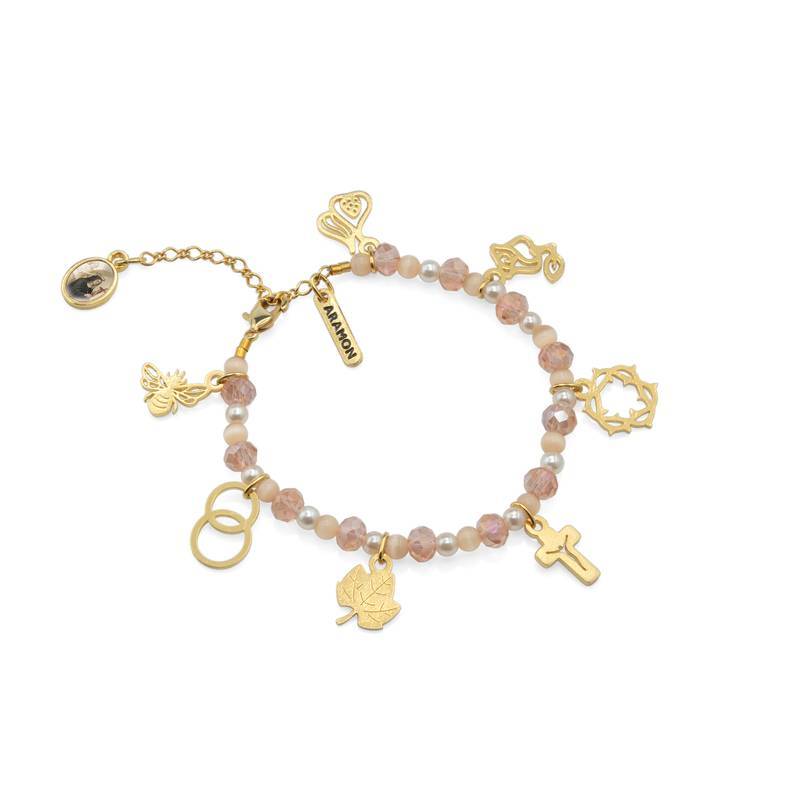 Pulseira História de Santa Rita – Medalhas Douradas e Cristais Rosé