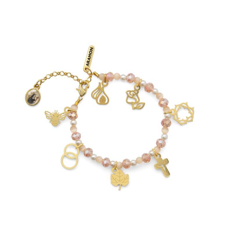 Pulseira História de Santa Rita – Medalhas Douradas e Cristais Rosé
