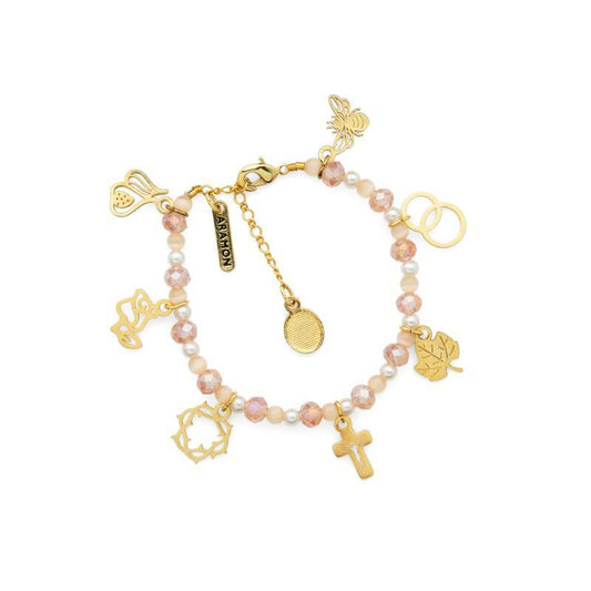 Pulseira História de Santa Rita – Medalhas Douradas e Cristais Rosé