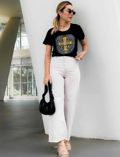 Saint Benedict Cross T-Shirt with Hand Embroidered Rhinestones