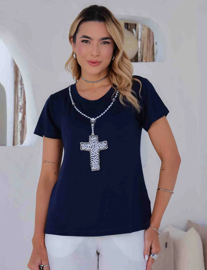 Hand Embroidered New Year's Eve Rosary Cross T-Shirt with Rhinestones