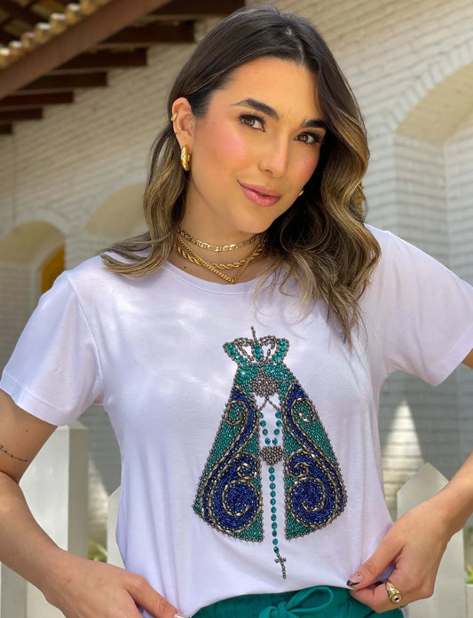 Camiseta de Nuestra Señora del Rosario con diamantes de imitación bordados a mano
