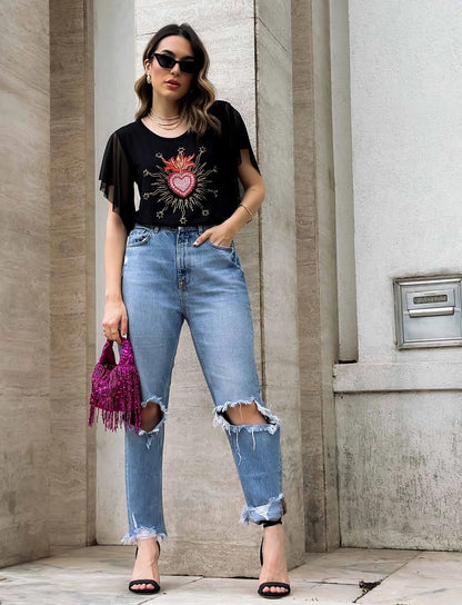 Camiseta de tul con corazón sagrado y diamantes de imitación bordados a mano